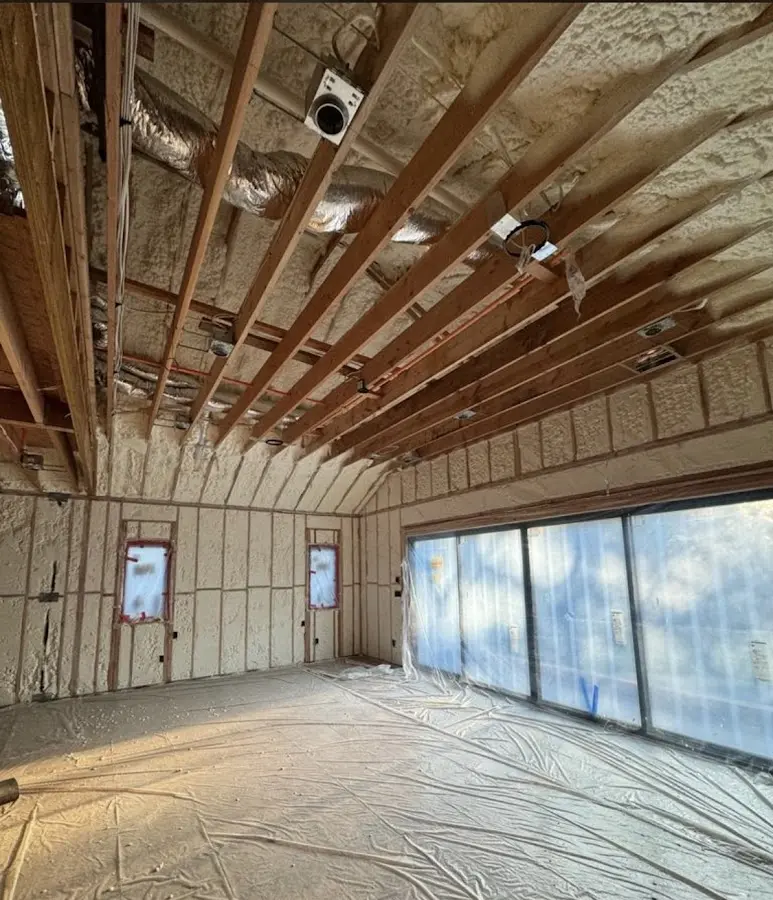 Interior walls and ceiling insulated with spray foam during new construction in South Pasadena